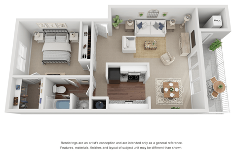 1 Bedroom Floor Plan 830 sq ft 3D.
